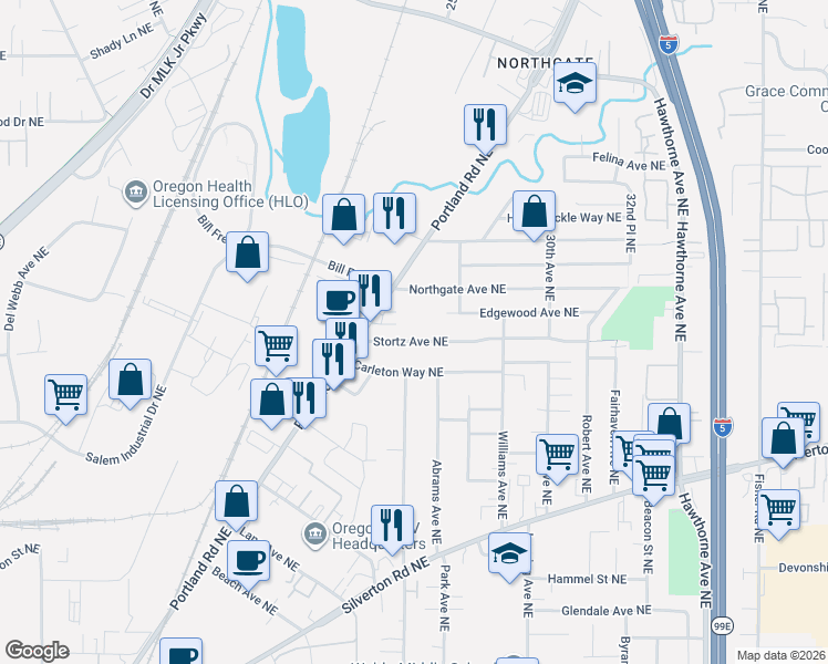 map of restaurants, bars, coffee shops, grocery stores, and more near 2148 Stortz Avenue Northeast in Salem