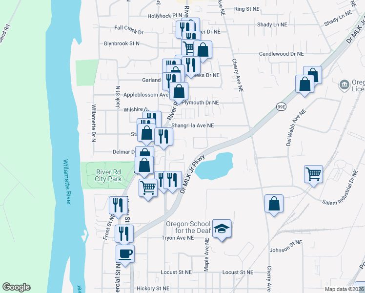 map of restaurants, bars, coffee shops, grocery stores, and more near 3120 Broadway Street in Salem