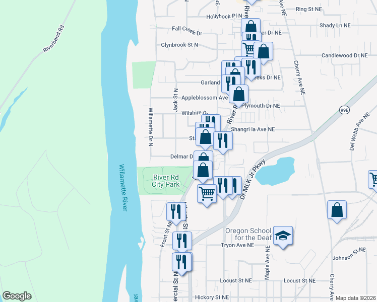 map of restaurants, bars, coffee shops, grocery stores, and more near 342 Delmar Drive North in Salem