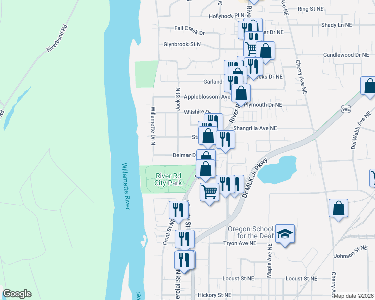 map of restaurants, bars, coffee shops, grocery stores, and more near 342 Delmar Drive North in Salem