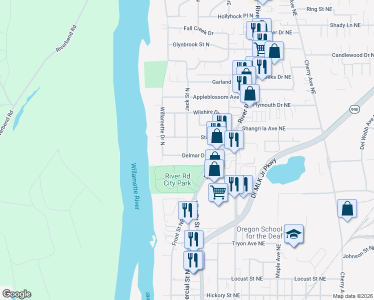 map of restaurants, bars, coffee shops, grocery stores, and more near 522 Delmar Drive North in Salem