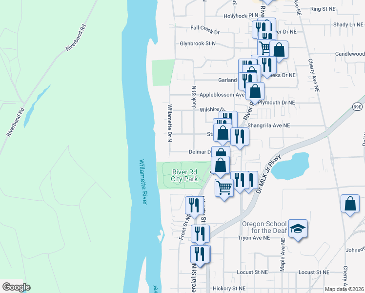 map of restaurants, bars, coffee shops, grocery stores, and more near 522 Delmar Drive North in Salem