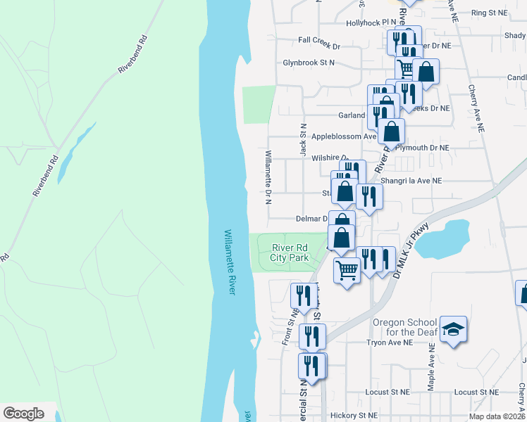 map of restaurants, bars, coffee shops, grocery stores, and more near 692 Delmar Drive North in Salem