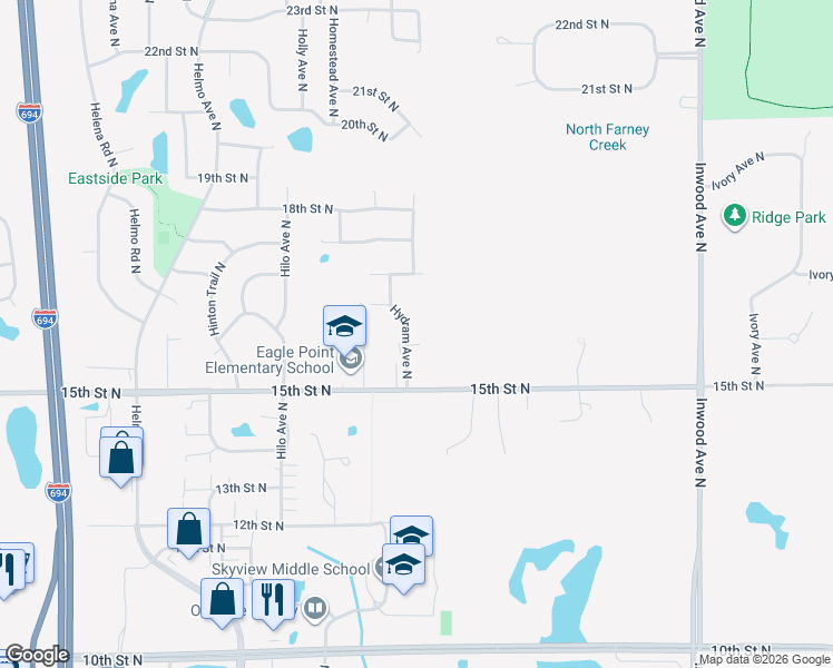 map of restaurants, bars, coffee shops, grocery stores, and more near 1569 Hydram Avenue Court North in Oakdale