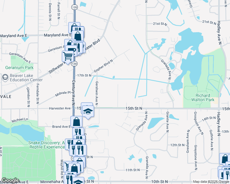 map of restaurants, bars, coffee shops, grocery stores, and more near 1552 Goodview Avenue North in Oakdale