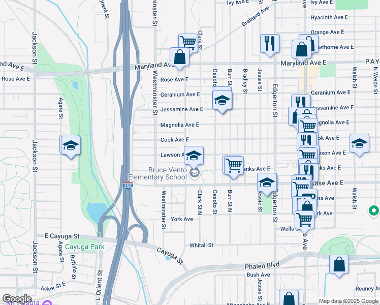 map of restaurants, bars, coffee shops, grocery stores, and more near 394 Lawson Avenue East in Saint Paul