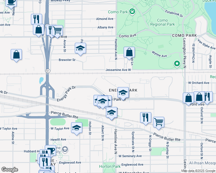 map of restaurants, bars, coffee shops, grocery stores, and more near 1372 Carling Drive in Saint Paul