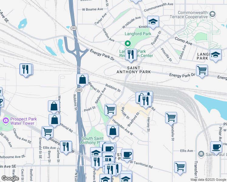 map of restaurants, bars, coffee shops, grocery stores, and more near 980 Manvel Street in Saint Paul