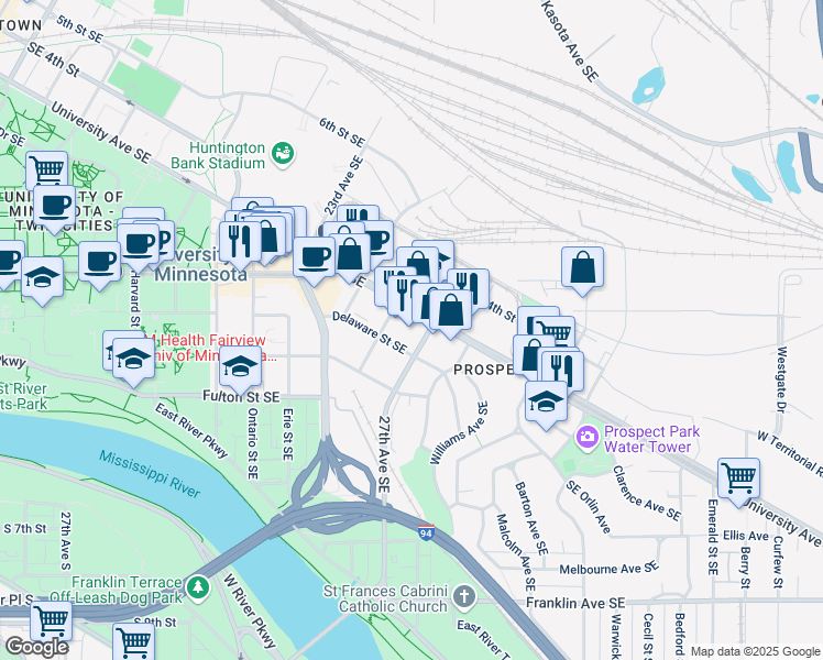 map of restaurants, bars, coffee shops, grocery stores, and more near 2701 Delaware Street Southeast in Minneapolis