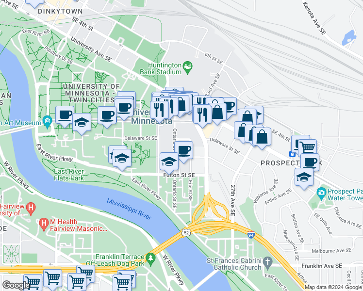 map of restaurants, bars, coffee shops, grocery stores, and more near 915 Essex Street Southeast in Minneapolis