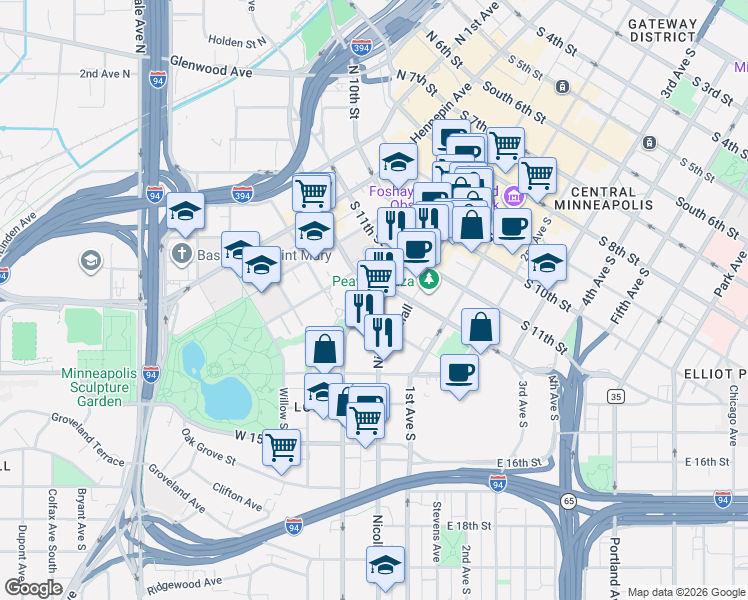 map of restaurants, bars, coffee shops, grocery stores, and more near 1300 Nicollet Mall in Minneapolis
