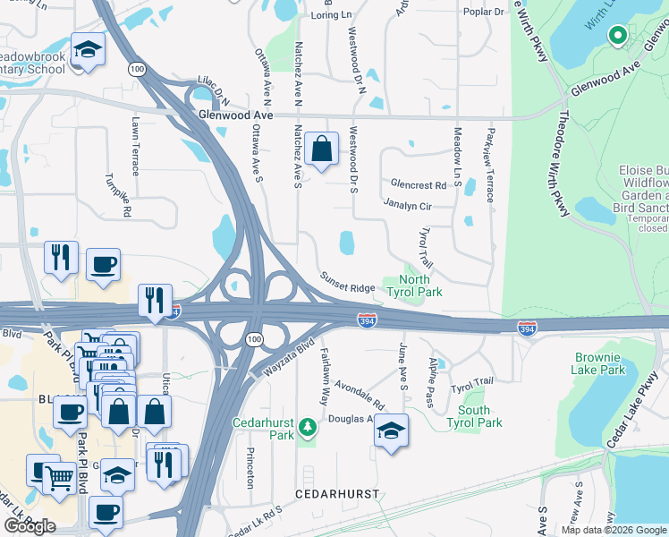 map of restaurants, bars, coffee shops, grocery stores, and more near 4527 Sunset Ridge in Minneapolis