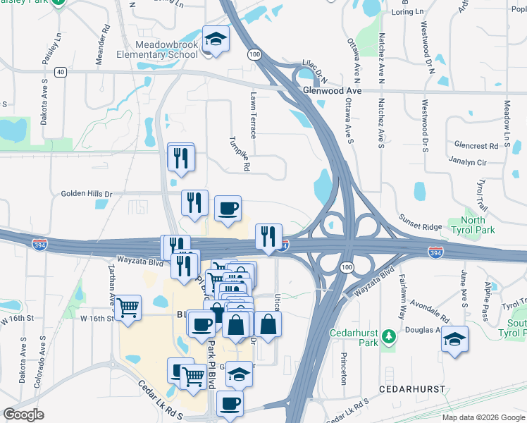 map of restaurants, bars, coffee shops, grocery stores, and more near 5200 Wayzata Boulevard in Golden Valley