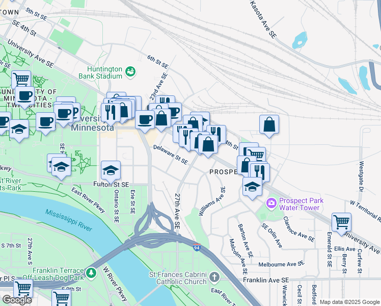 map of restaurants, bars, coffee shops, grocery stores, and more near 2650 University Avenue Southeast in Minneapolis