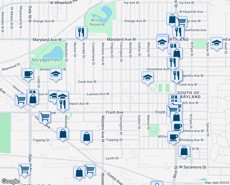 map of restaurants, bars, coffee shops, grocery stores, and more near 1001 Farrington Street in Saint Paul