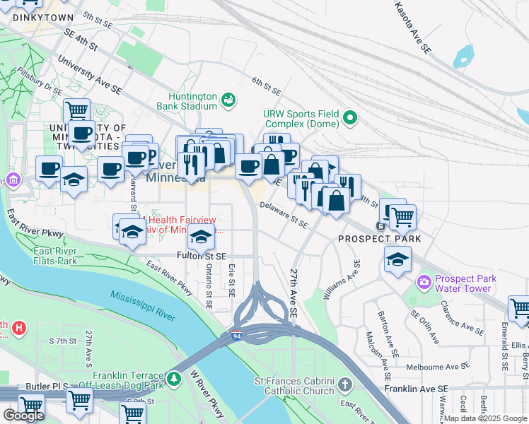 map of restaurants, bars, coffee shops, grocery stores, and more near 2508 Delaware Street Southeast in Minneapolis