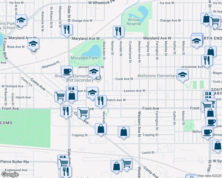 map of restaurants, bars, coffee shops, grocery stores, and more near 470 Lawson Avenue West in Saint Paul
