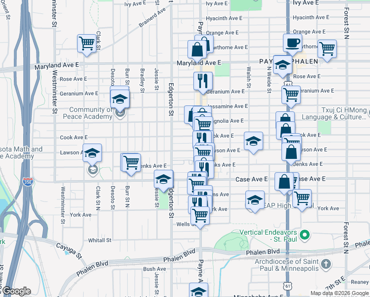 map of restaurants, bars, coffee shops, grocery stores, and more near 606 Lawson Avenue East in Saint Paul