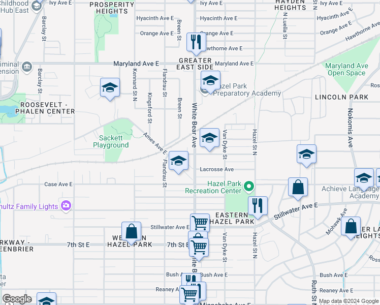 map of restaurants, bars, coffee shops, grocery stores, and more near 1009 White Bear Avenue in Saint Paul
