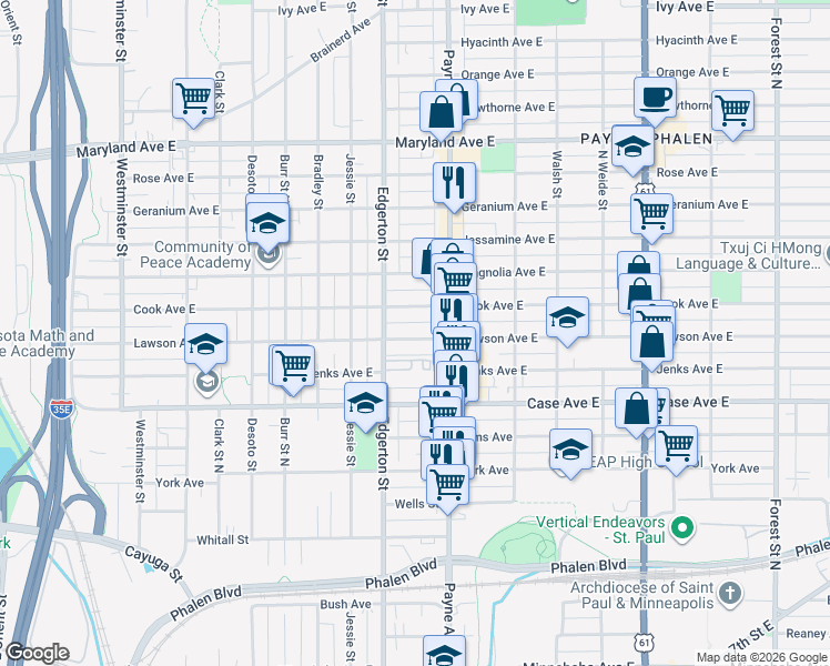 map of restaurants, bars, coffee shops, grocery stores, and more near 606 Lawson Avenue East in Saint Paul