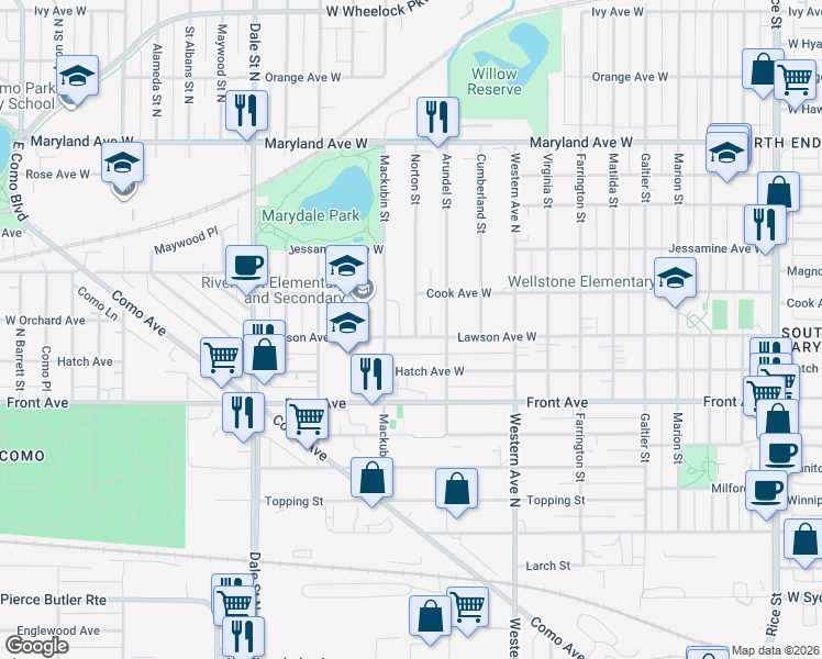 map of restaurants, bars, coffee shops, grocery stores, and more near 470 Lawson Avenue West in Saint Paul