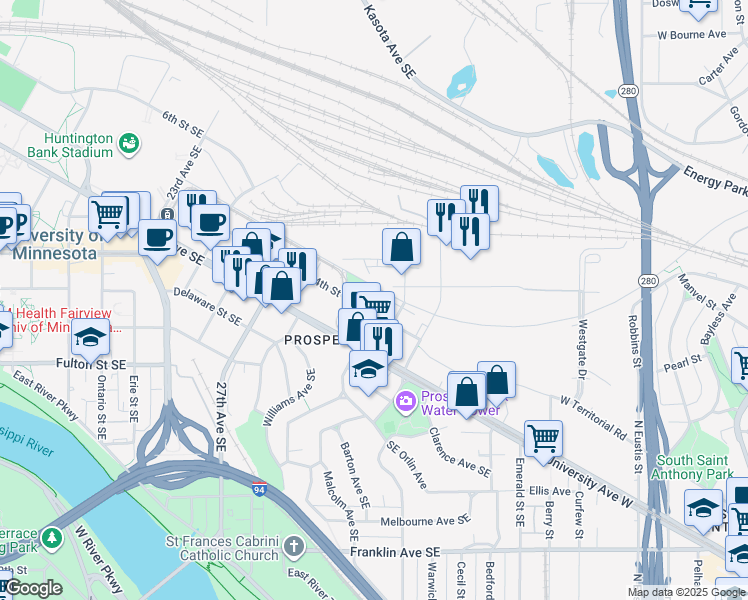 map of restaurants, bars, coffee shops, grocery stores, and more near 2900 4th Street Southeast in Minneapolis