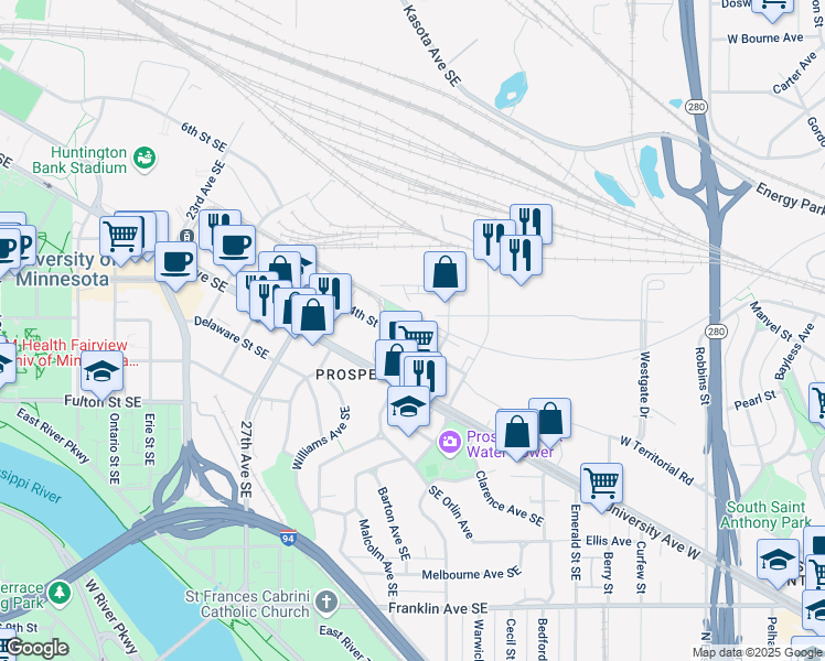 map of restaurants, bars, coffee shops, grocery stores, and more near 2900 4th Street Southeast in Minneapolis