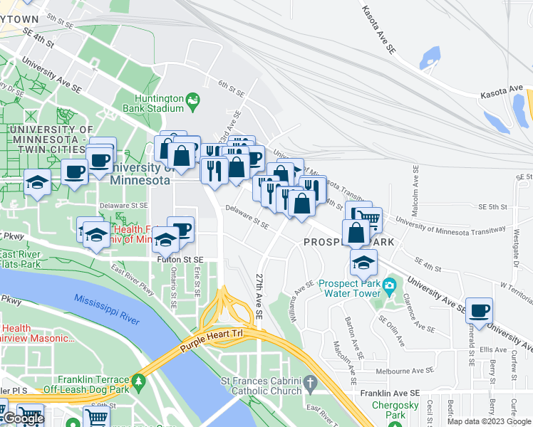 map of restaurants, bars, coffee shops, grocery stores, and more near 2640 Delaware Street Southeast in Minneapolis