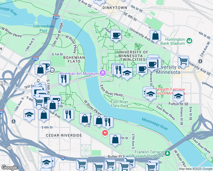 map of restaurants, bars, coffee shops, grocery stores, and more near 323-351 E River Pkwy in Minneapolis