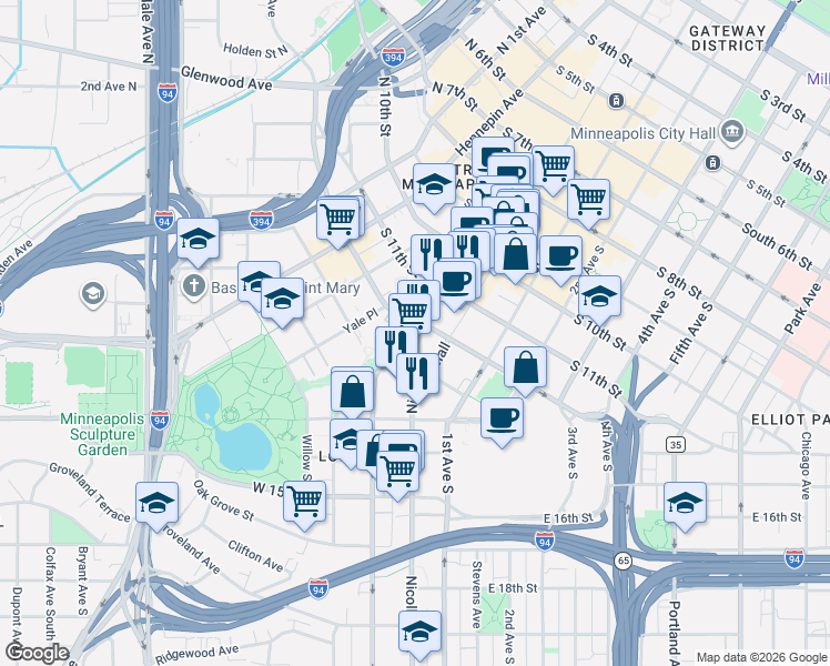 map of restaurants, bars, coffee shops, grocery stores, and more near 1300 Nicollet Mall in Minneapolis