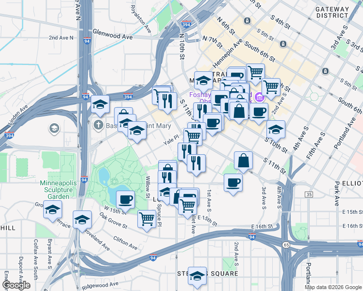 map of restaurants, bars, coffee shops, grocery stores, and more near 1317 Lasalle Avenue in Minneapolis