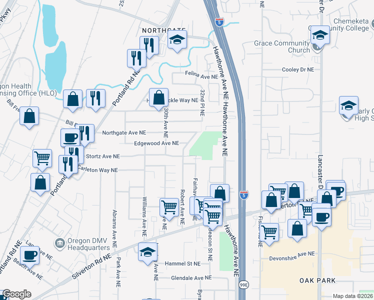 map of restaurants, bars, coffee shops, grocery stores, and more near 3614 31st Avenue Northeast in Salem