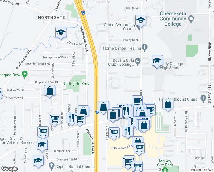 map of restaurants, bars, coffee shops, grocery stores, and more near 3823 Fisher Road Northeast in Salem
