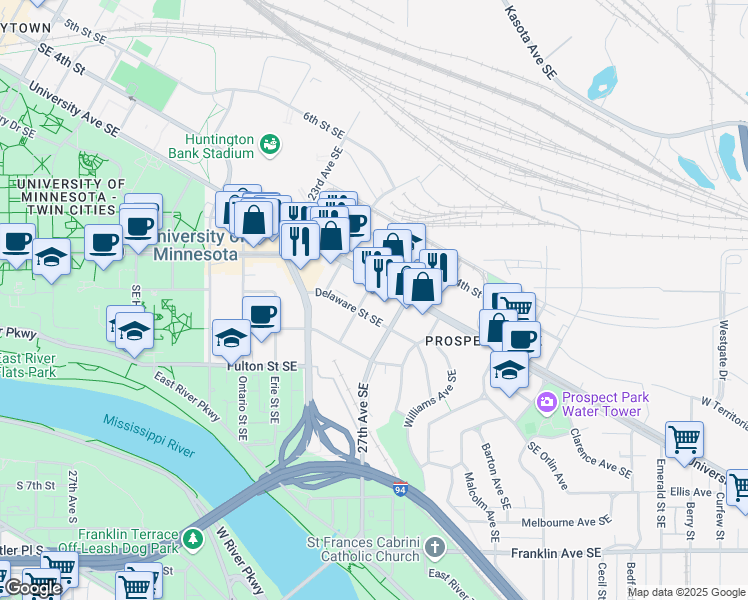 map of restaurants, bars, coffee shops, grocery stores, and more near 2640 Delaware Street Southeast in Minneapolis