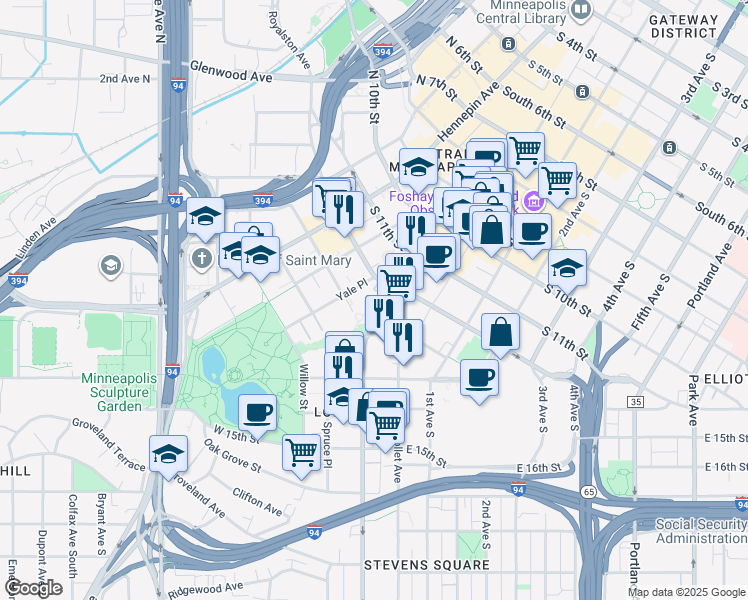 map of restaurants, bars, coffee shops, grocery stores, and more near 1317 Lasalle Avenue in Minneapolis