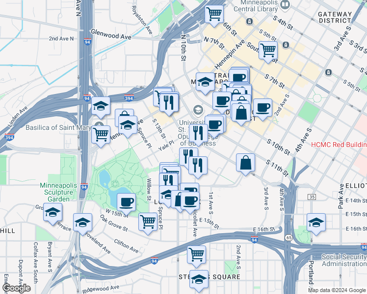 map of restaurants, bars, coffee shops, grocery stores, and more near 1317 Lasalle Avenue in Minneapolis