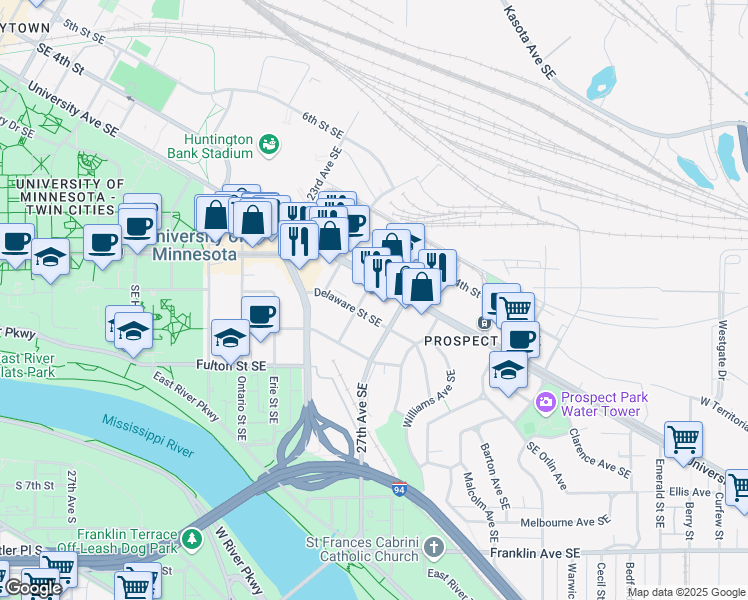 map of restaurants, bars, coffee shops, grocery stores, and more near 2550 University Avenue Southeast in Saint Paul