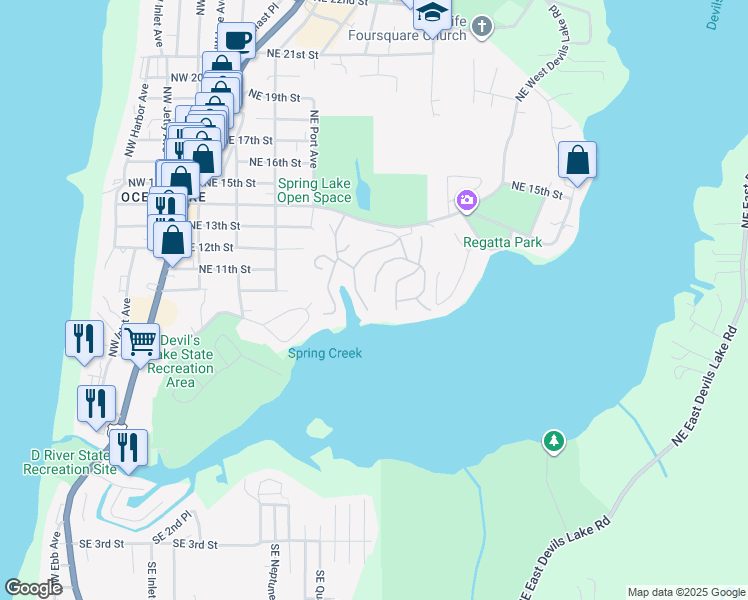 map of restaurants, bars, coffee shops, grocery stores, and more near 1203 Northeast Harbor Ridge in Lincoln City
