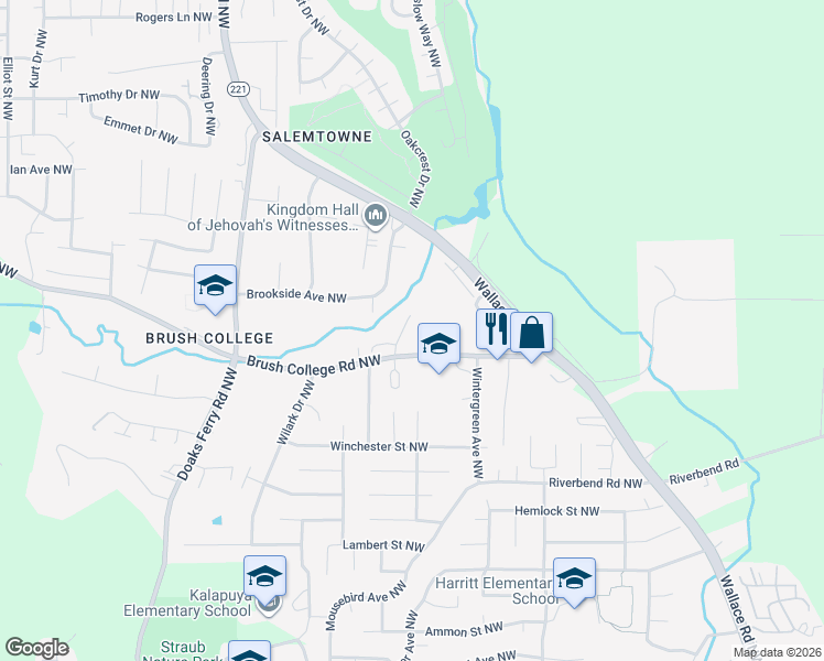 map of restaurants, bars, coffee shops, grocery stores, and more near 1615 Brush College Road Northwest in Salem