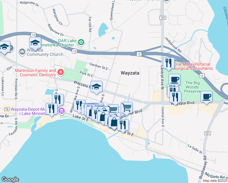 map of restaurants, bars, coffee shops, grocery stores, and more near 740 Park Street East in Wayzata