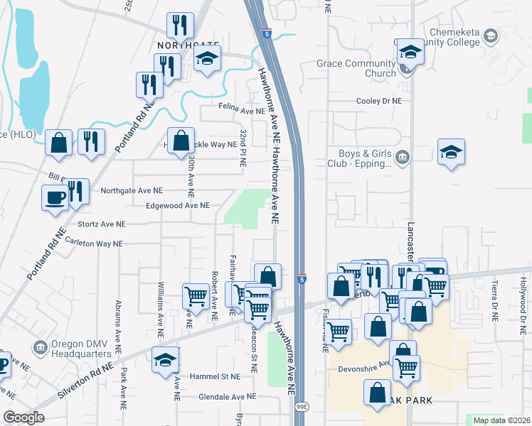 map of restaurants, bars, coffee shops, grocery stores, and more near 3719 Hawthorne Avenue Northeast in Salem