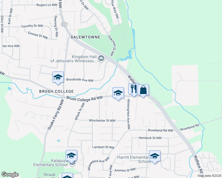 map of restaurants, bars, coffee shops, grocery stores, and more near 1615 Brush College Road Northwest in Salem