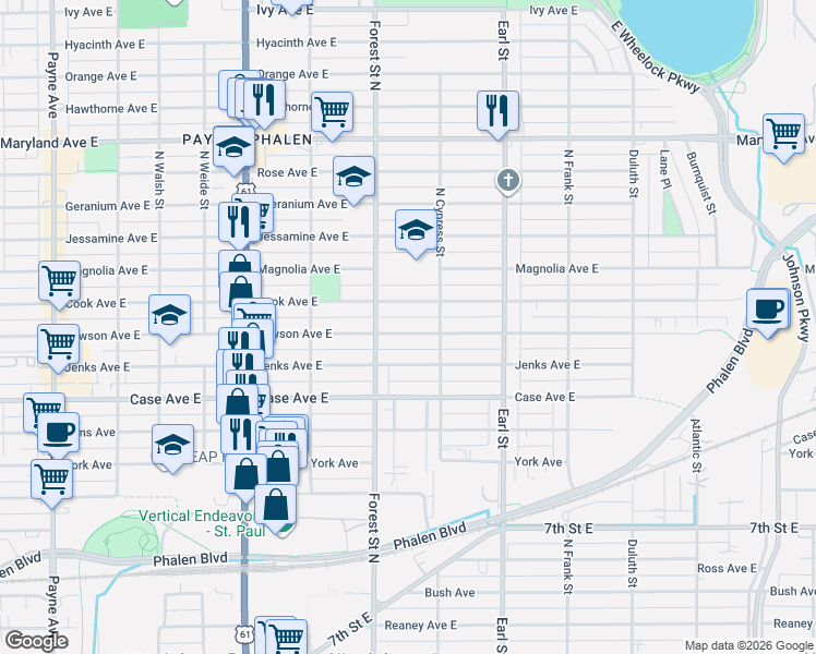 map of restaurants, bars, coffee shops, grocery stores, and more near 956 Cook Avenue in Saint Paul