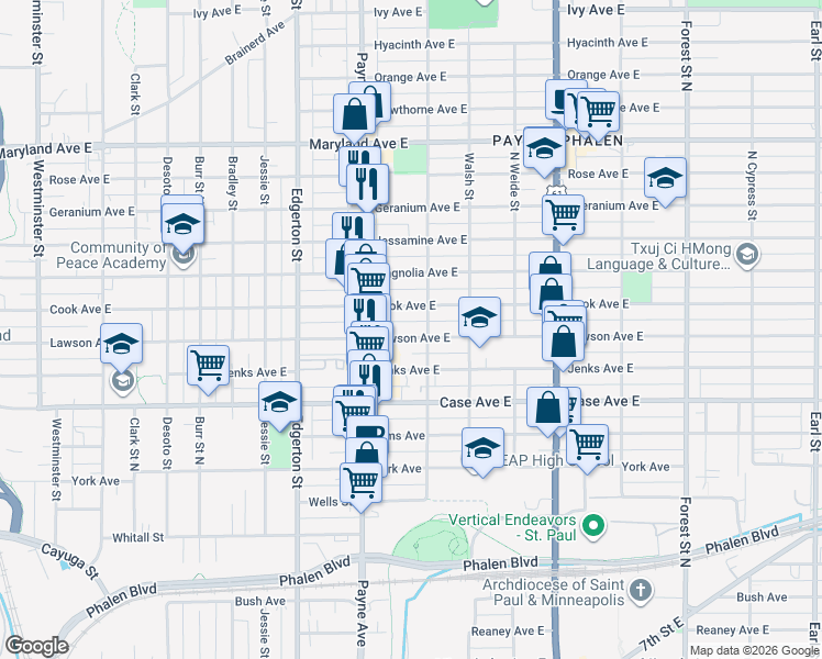 map of restaurants, bars, coffee shops, grocery stores, and more near 671 Cook Avenue in Saint Paul