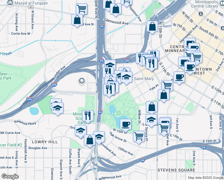 map of restaurants, bars, coffee shops, grocery stores, and more near 1600 Hennepin Avenue in Minneapolis
