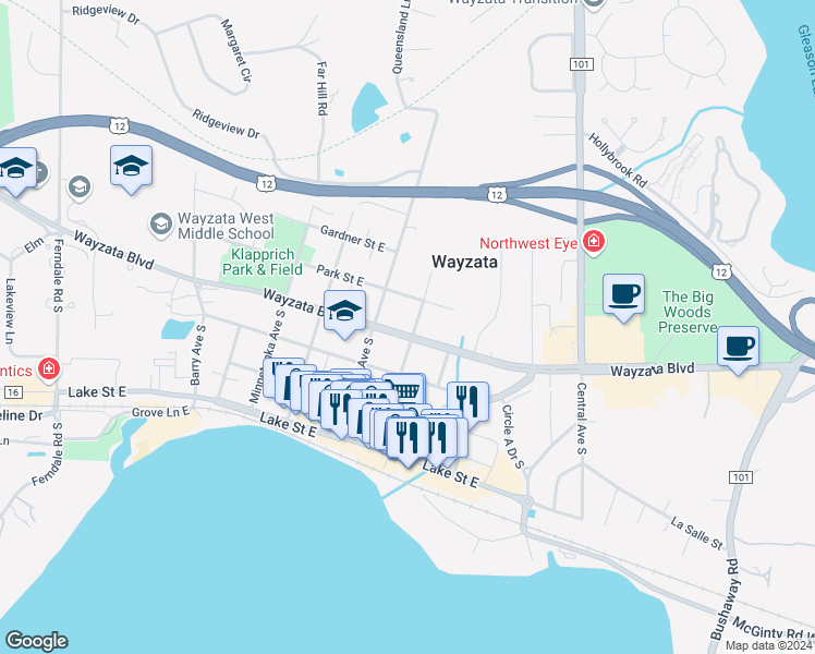map of restaurants, bars, coffee shops, grocery stores, and more near 740 Park Street East in Wayzata