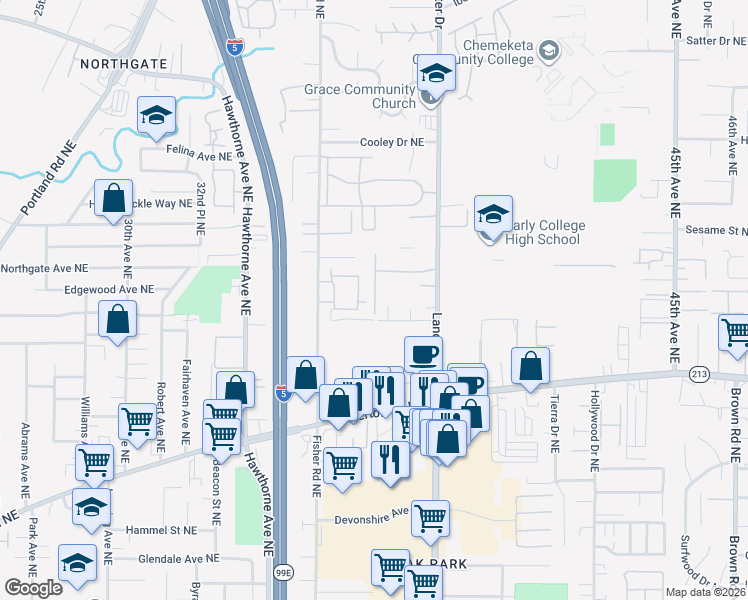 map of restaurants, bars, coffee shops, grocery stores, and more near 3658 Fisher Road Northeast in Salem