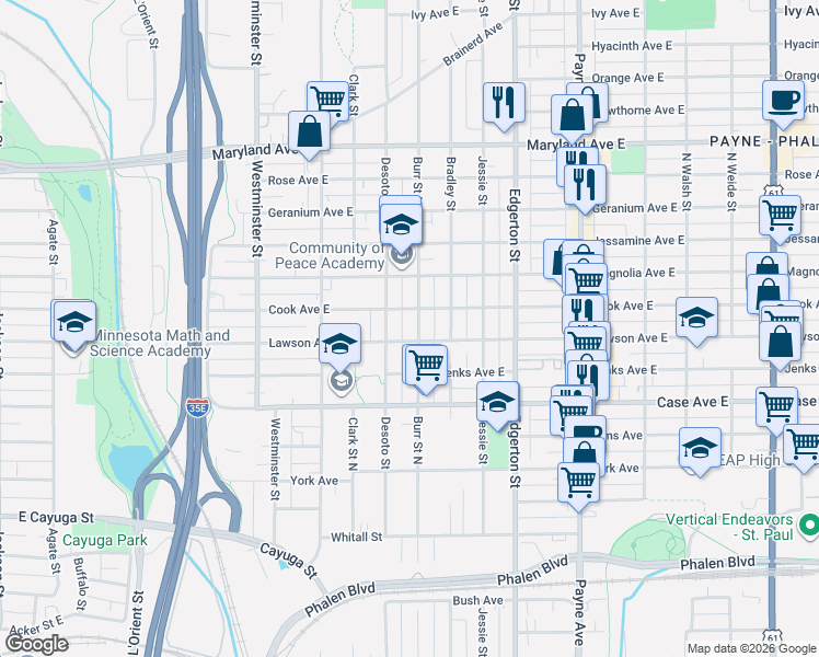 map of restaurants, bars, coffee shops, grocery stores, and more near in Saint Paul