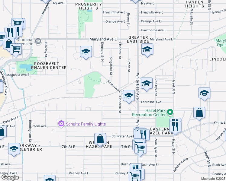 map of restaurants, bars, coffee shops, grocery stores, and more near 1695 Ames Avenue East in Saint Paul