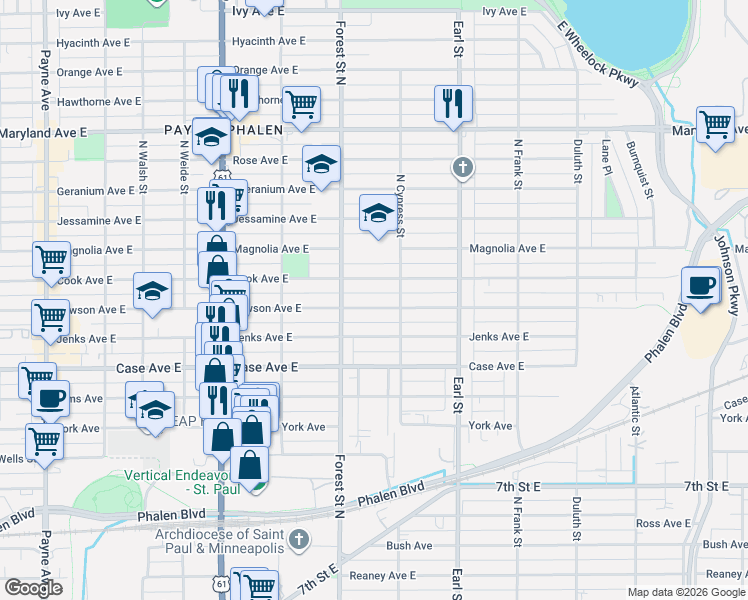 map of restaurants, bars, coffee shops, grocery stores, and more near 956 Cook Avenue in Saint Paul